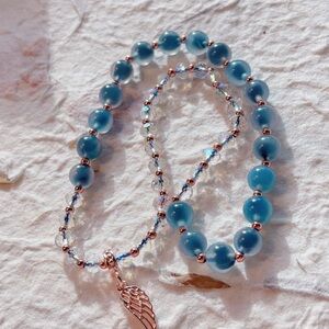 Soft Sky Blue Agate Bracelet Set – Crystal Rose Gold Accents